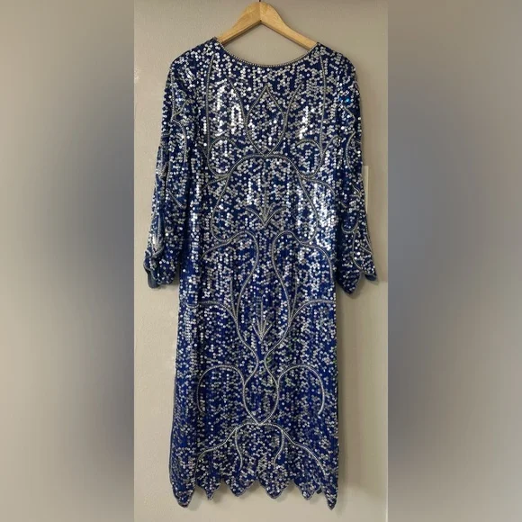 Vintage Blue Sequin Beaded Silk Dress Art Deco Midi Party Formal - Picture 3 of 16